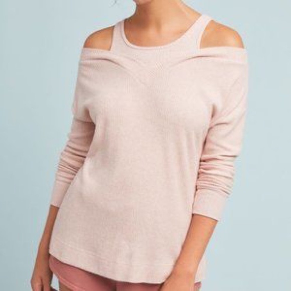 Anthropologie Saturday Sunday “cloud fleece” pink ribbed cold shoulder sweater